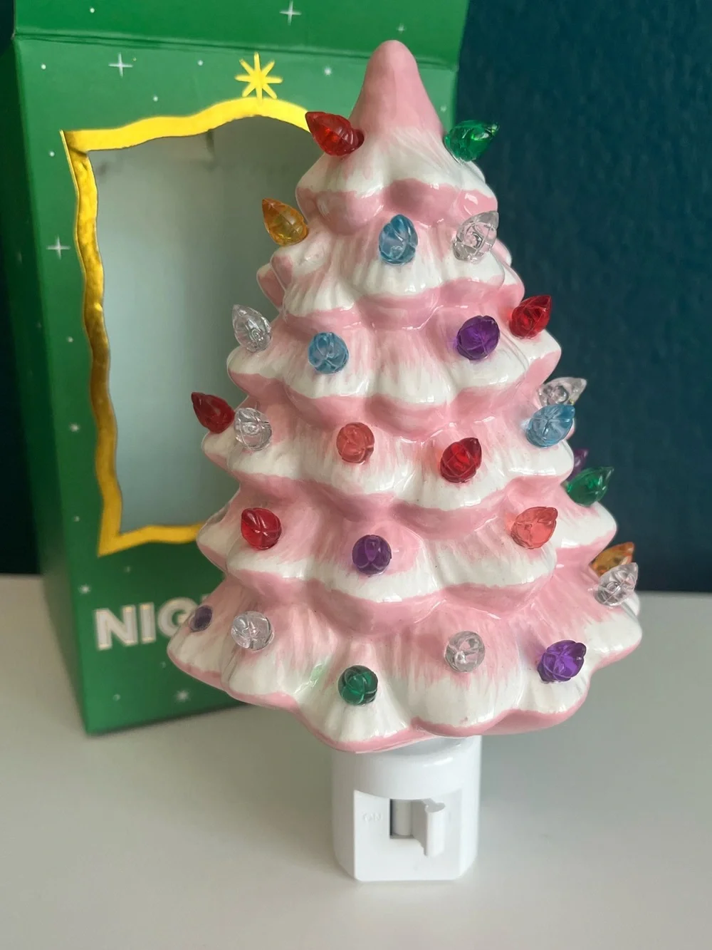 Vintage Christmas Tree Night Light Green and Pink